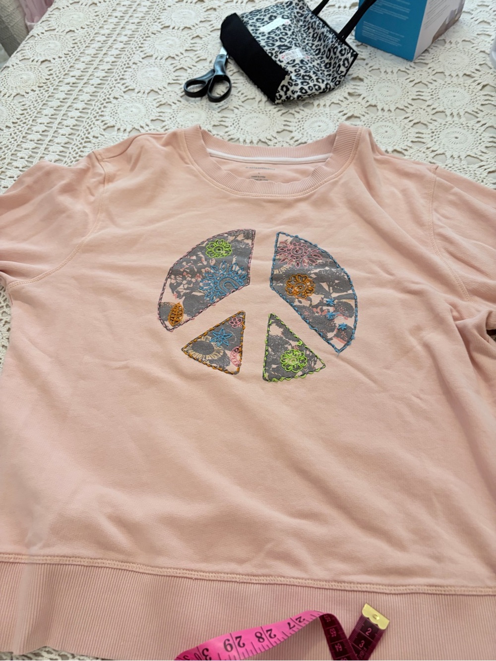Anthropologie Peace Graphic Patchwork Embroidered Sweatshirt L Peachy Pink Boho